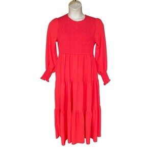 NWT Coral Salmon Long Sleeve Smocked Dopamine Tiered Midi Maxi Dress XL Bright